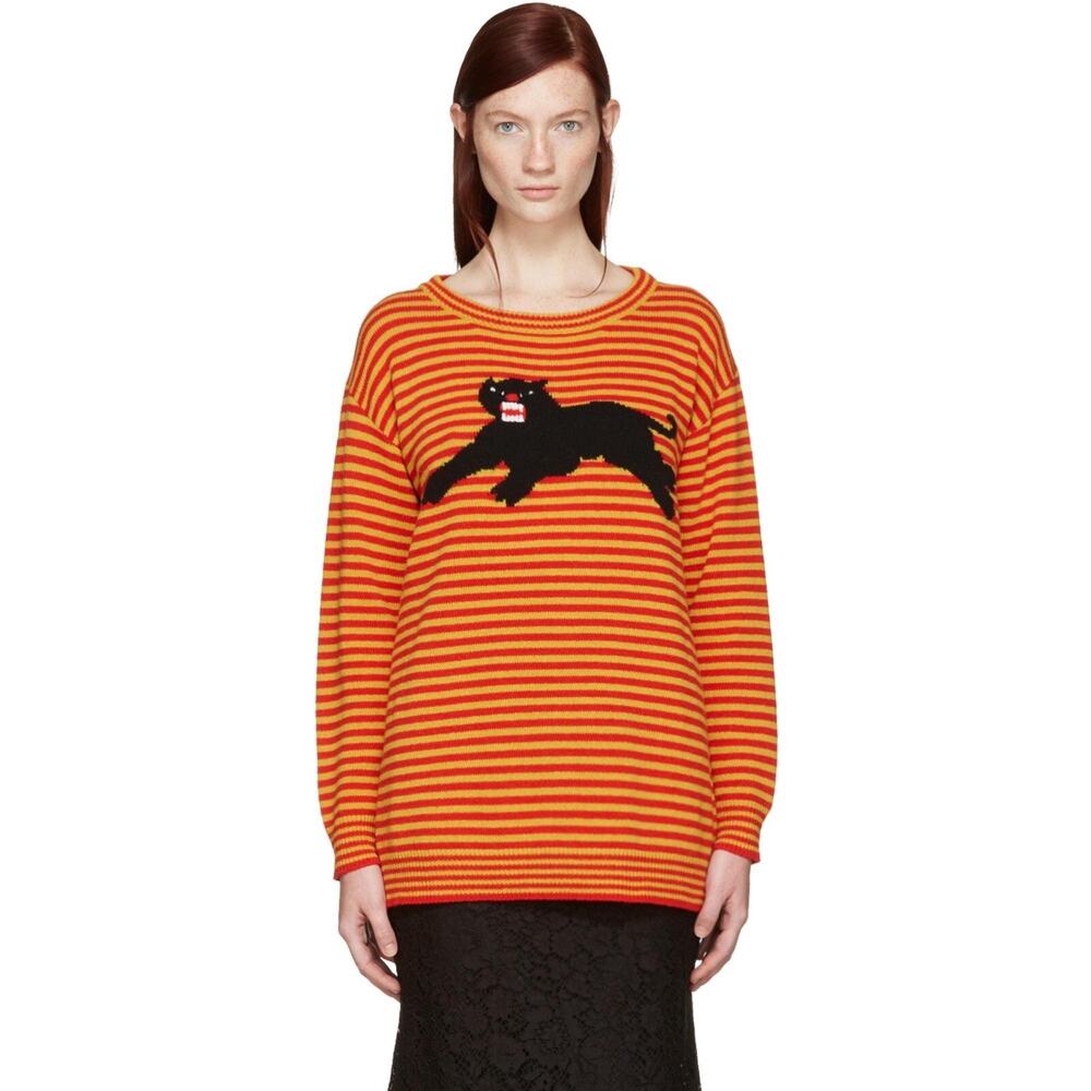 NWT Gucci Yellow & Red Striped Cashmere Tiger (Panther) Sweater Large $1495.00